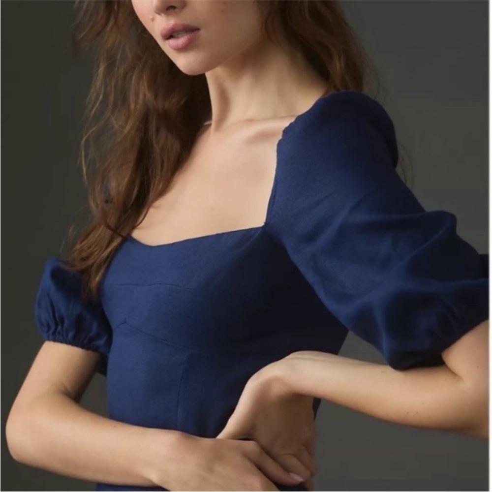 Reformation Belgium Midi Dress Linen Navy Blue Size 4 - Picture 4 of 12